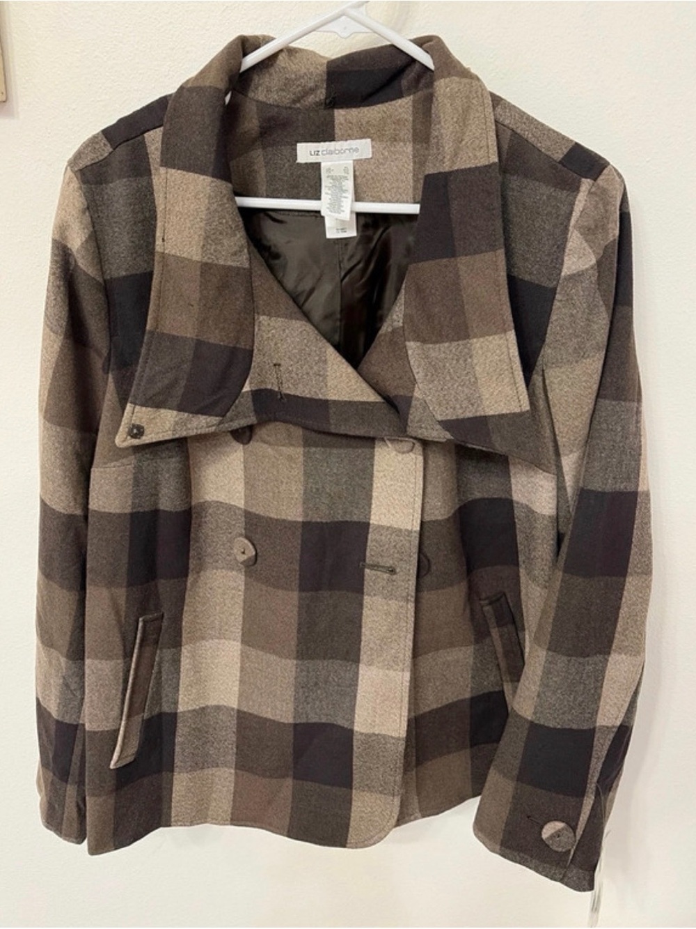 Liz Claiborne Brown Plaid Short Wool-Blend Peacoat